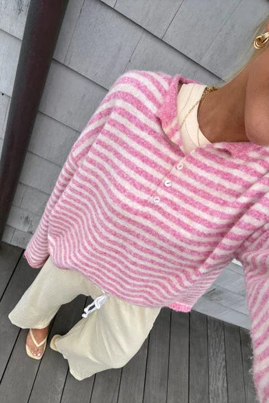 Pink Striped Polo Knit