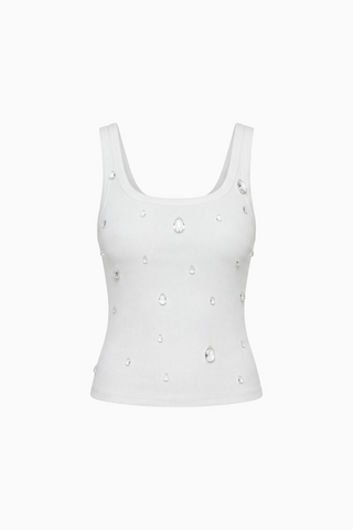 White Teardrop Crystal Embellished Ribbed Tank Top