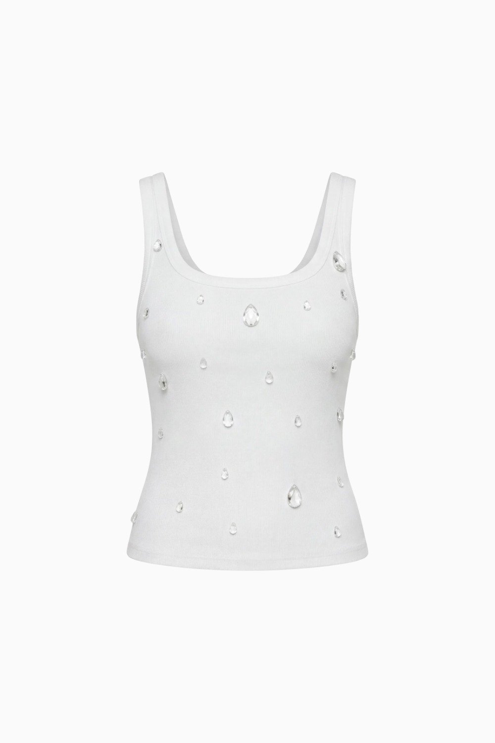White Teardrop Crystal Embellished Ribbed Tank Top