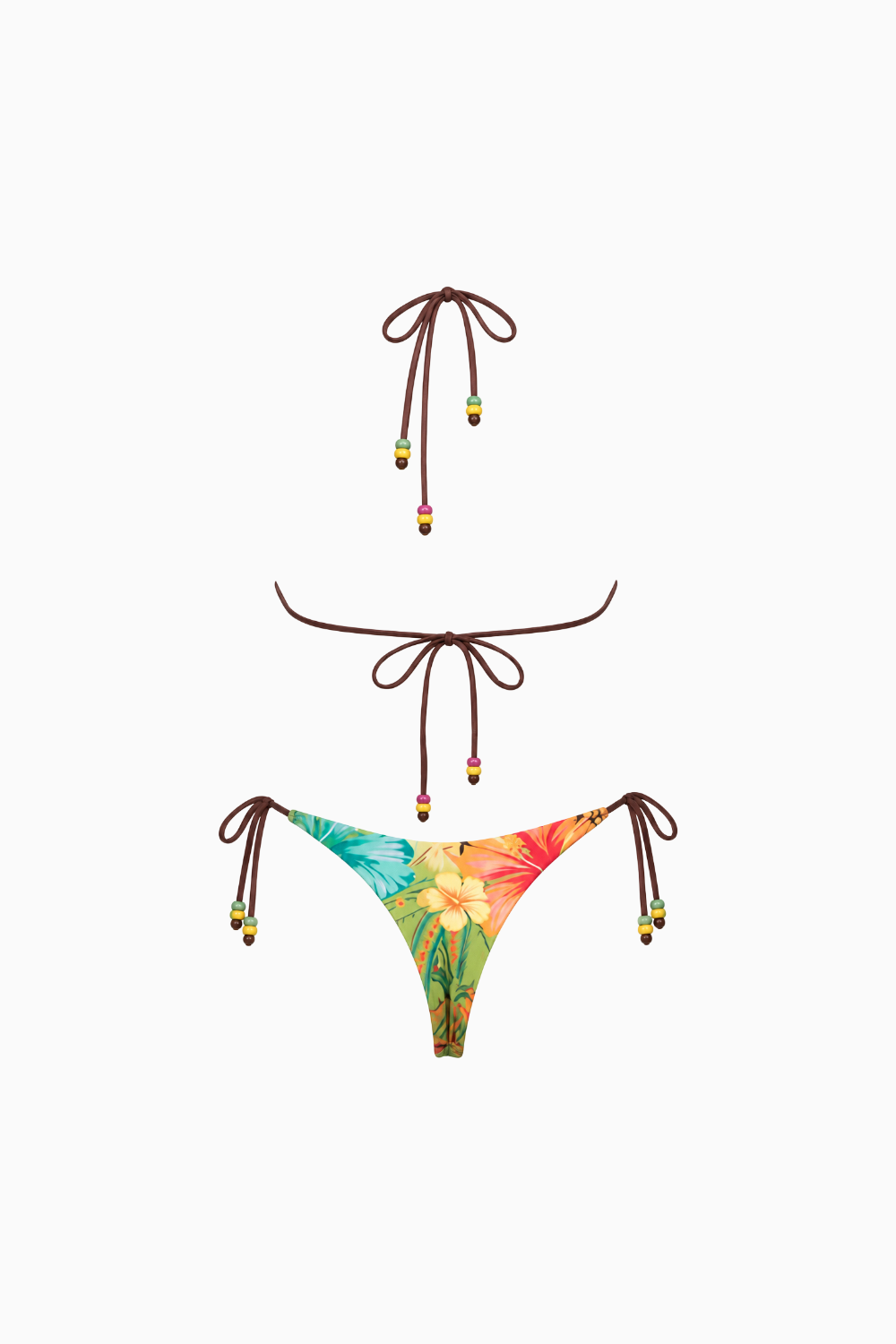Mixed-Print Botanical Tie-Side String Bikini