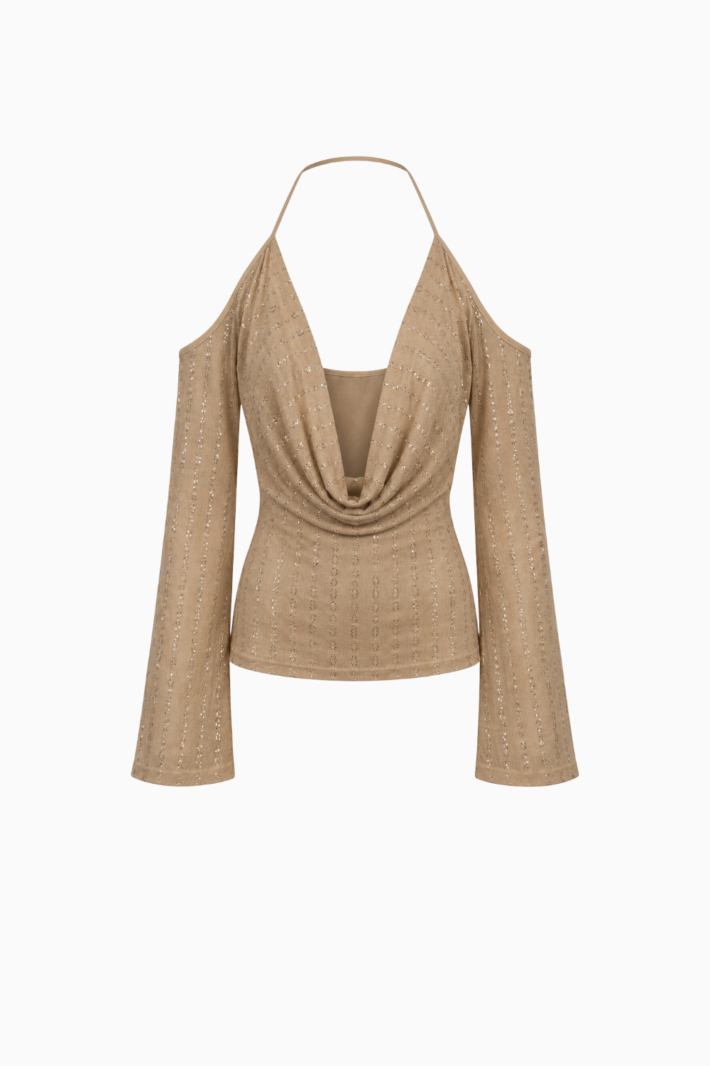 Textured Halter Neck Cold Shoulder Top with Bell Sleeves