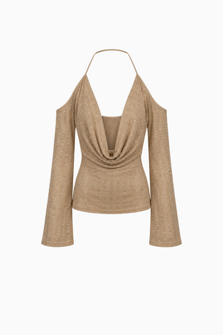 Textured Halter Neck Cold Shoulder Top with Bell Sleeves