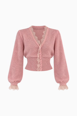 Pink Lace-Trimmed Fuzzy Knit Cardigan