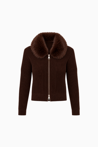 Espresso Faux Fur Collar Double-Zip Ribbed Cardigan