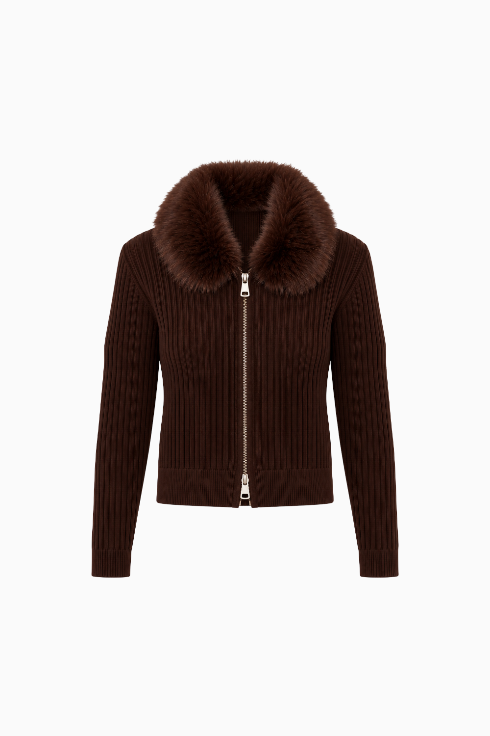 Espresso Faux Fur Collar Double-Zip Ribbed Cardigan