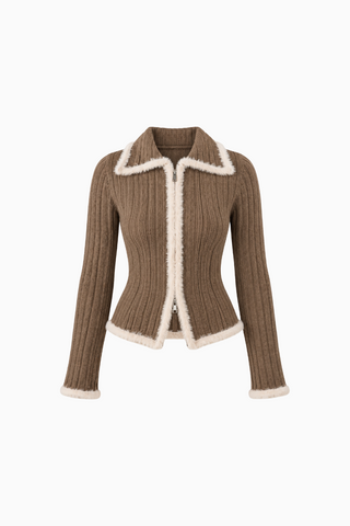 Brown Ribbed Knit Cardigan