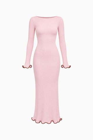 Contrast-Trim Lettuce-Edge Maxi Dress