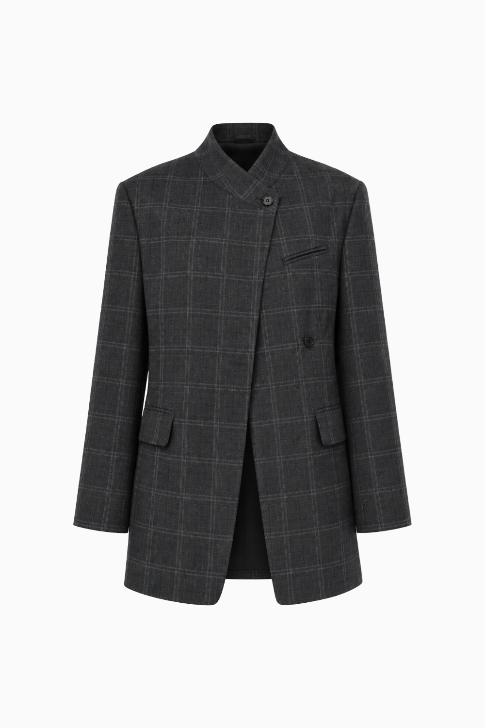 Plaid Asymmetric Stand-Collar Blazer