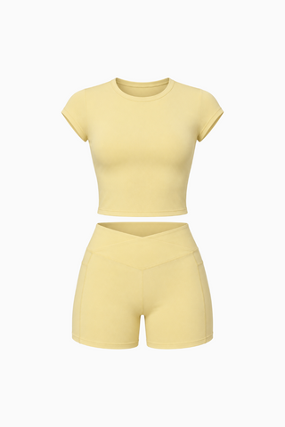 Crossover Waist Biker Shorts Workout Set