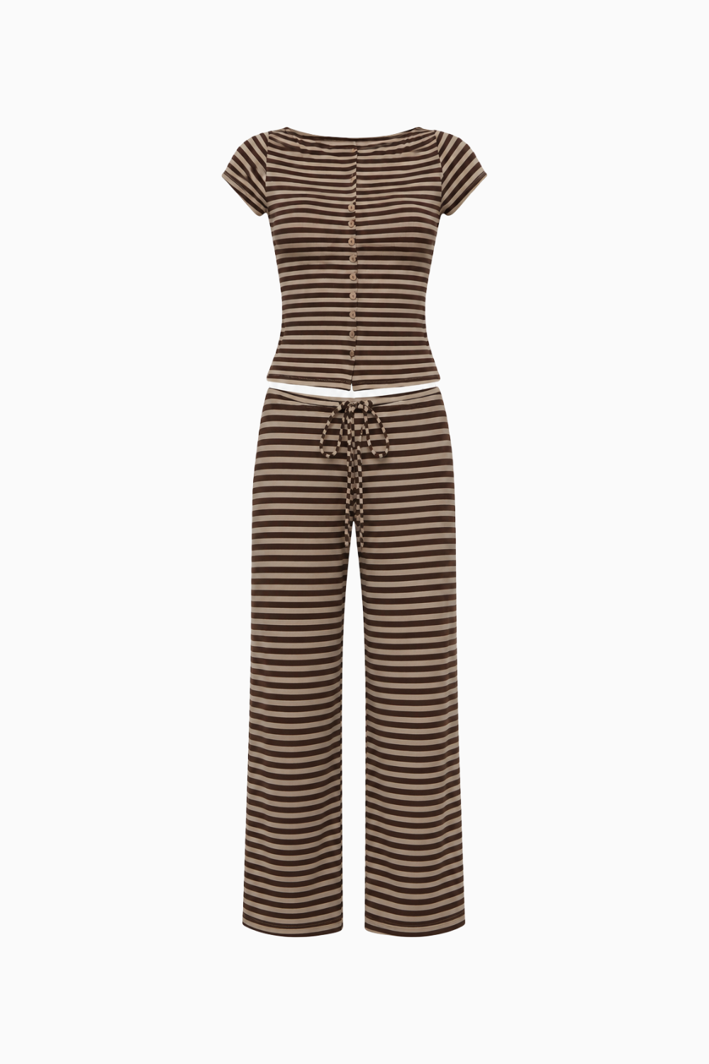 Brown Striped Button-Front Top and Wide-Leg Pants Set