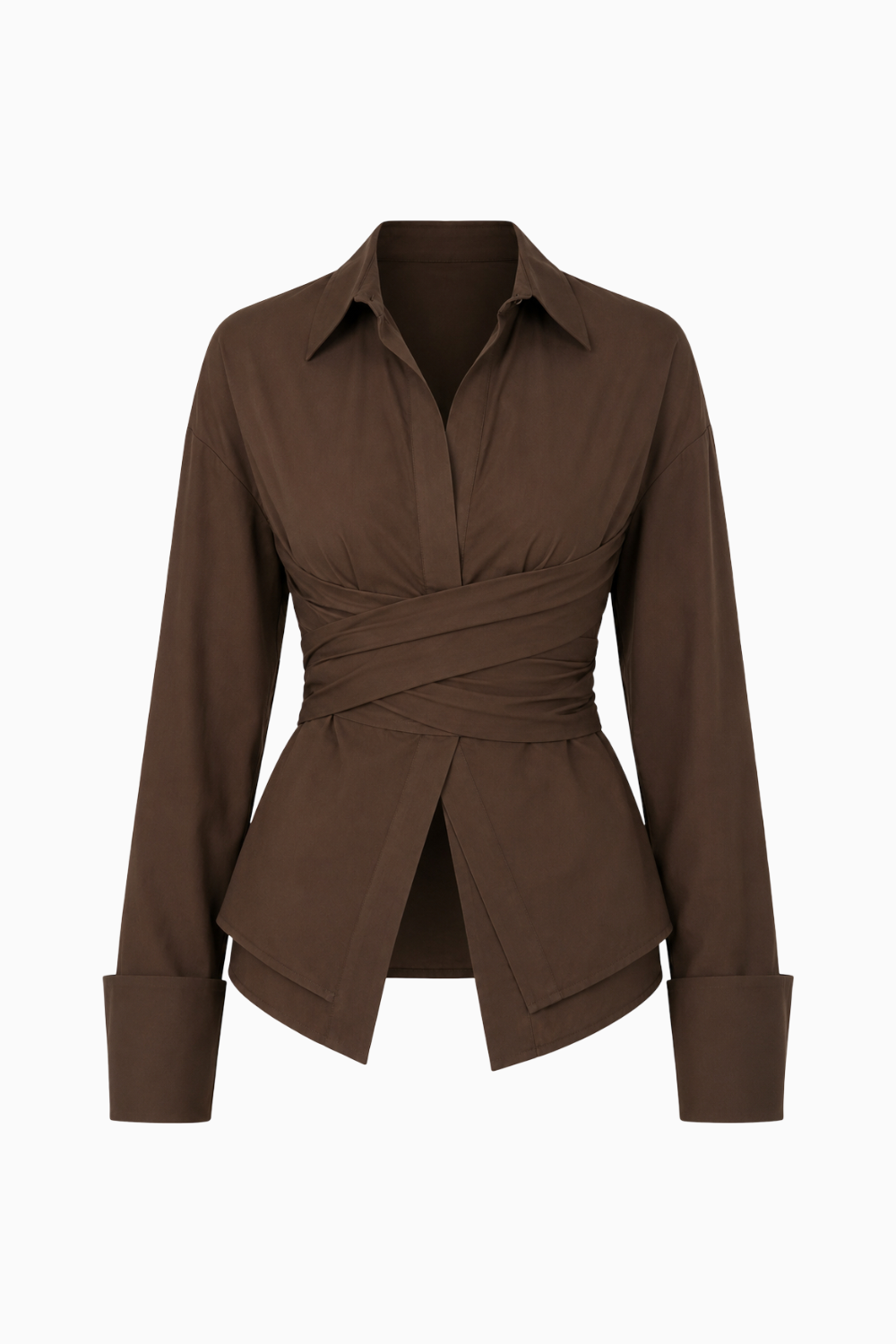 Wrap-Front White Button-Down Shirt with Extended Cuffs