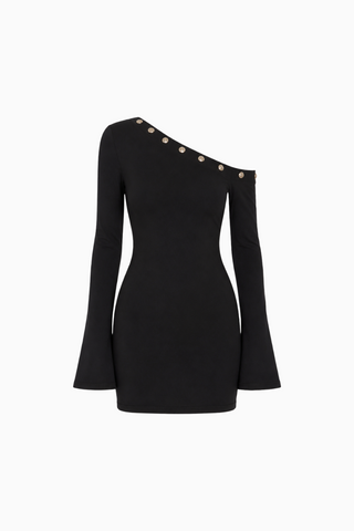 Sleek One-Shoulder Black Bodycon Dress with Bell Sleeves