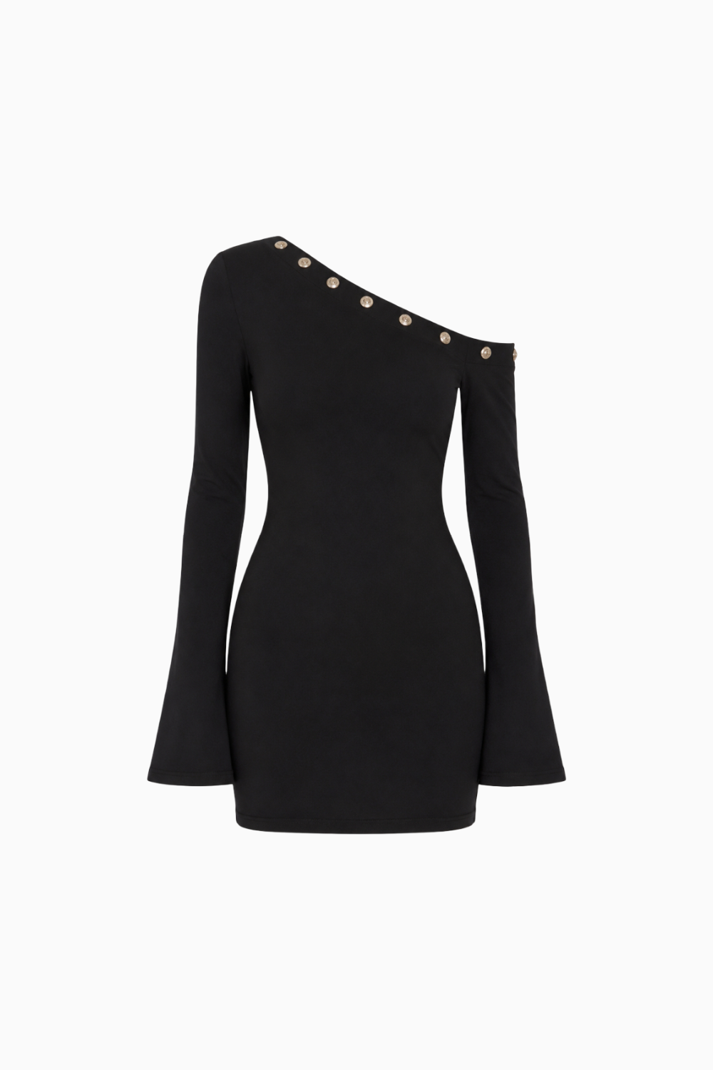 Sleek One-Shoulder Black Bodycon Dress with Bell Sleeves