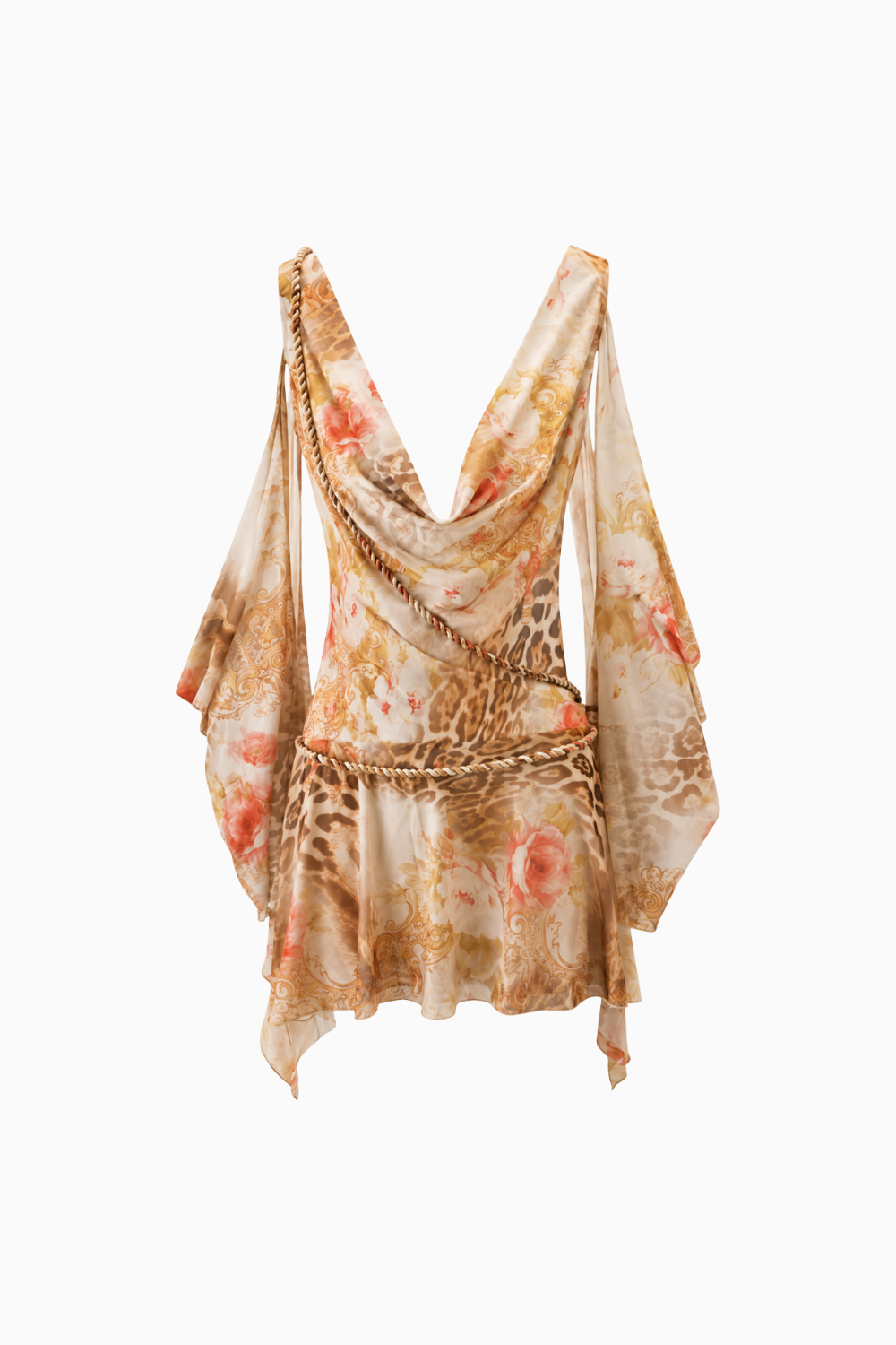 Vestido de malla con hombros descubiertos y estampado de leopardo floral