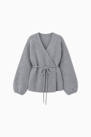 Grey Belted V-Neck Cardigan