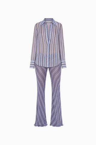 Two-Piece Striped Sheer Shirt and Wide-Leg Pants Outfit