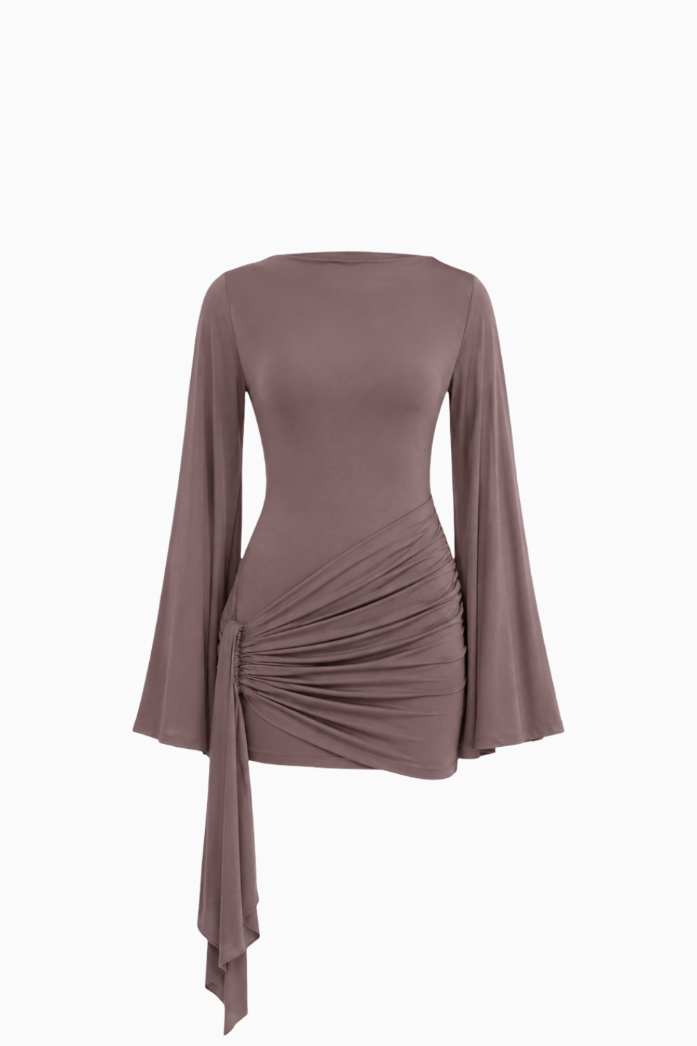 Taupe Draped Tie-Side Bell Sleeve Mini Dress