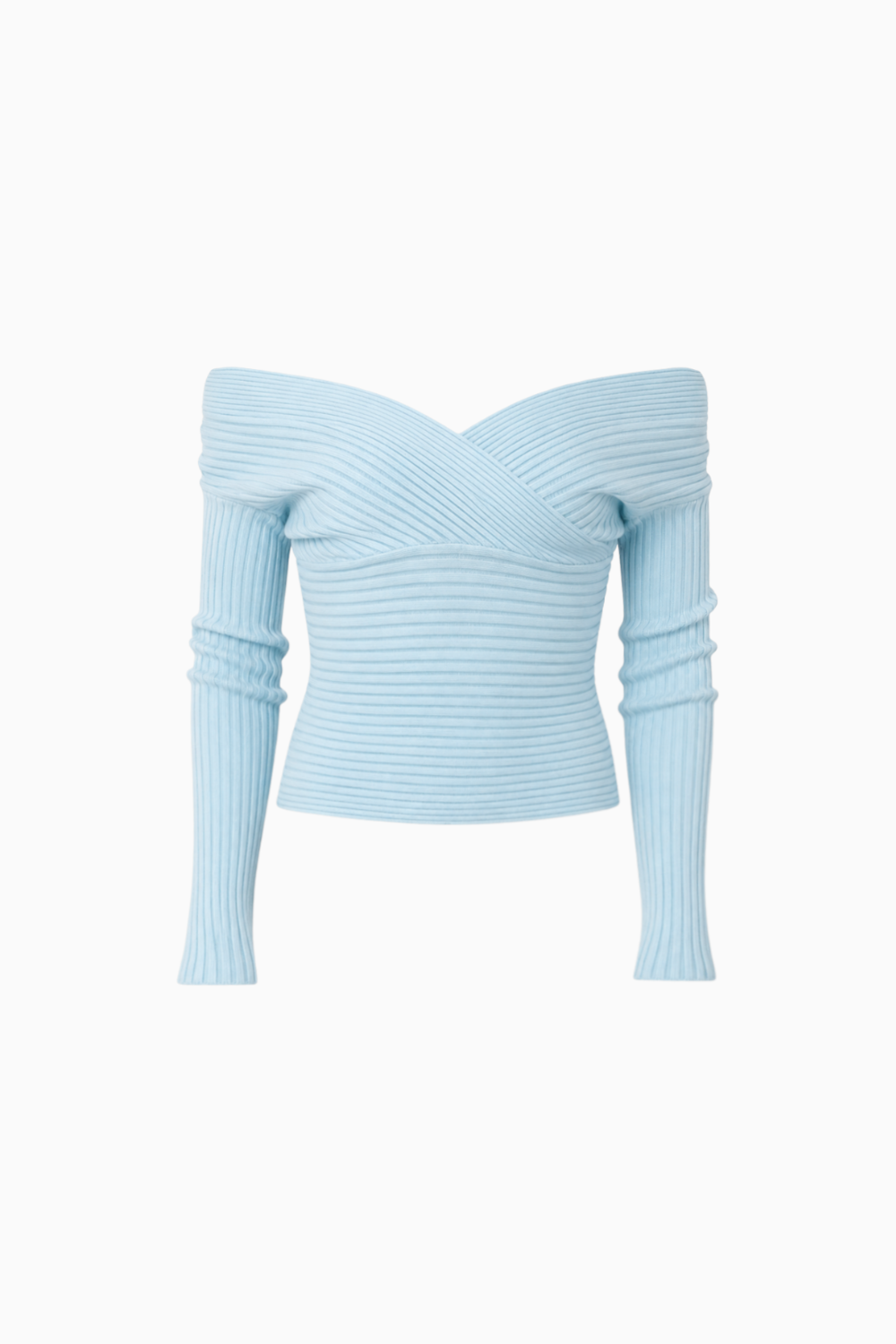 Light Blue Off-The-Shoulder Ribbed Knit Top
