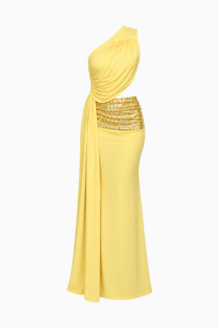 Lemon Yellow Ruched Gown with Sequin Detail Dress