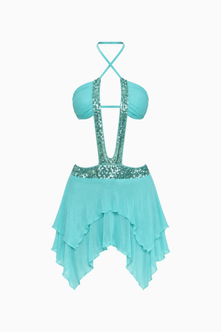 Aqua Blue Plunge Layered Ruffle Festival Dress