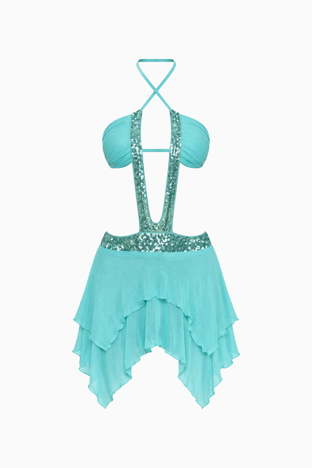 Aqua Blue Plunge Layered Ruffle Festival Dress