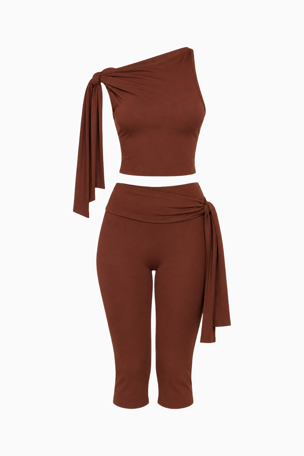 Chocolate Brown Asymmetrical Tie-Shoulder Two-Piece Set