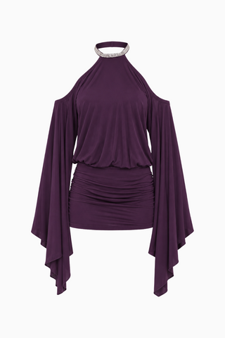Draped Batwing Sleeve Embellished Backless Party Dress
