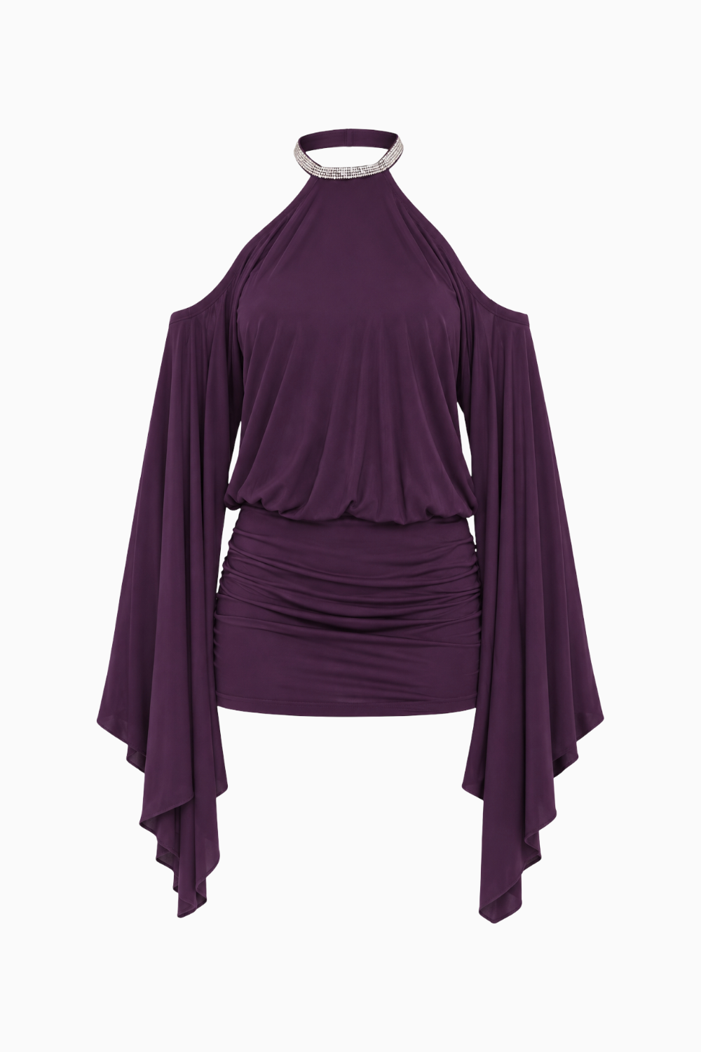 Draped Batwing Sleeve Embellished Backless Party Dress