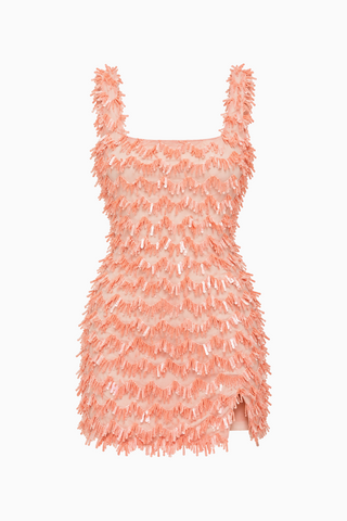 Peach Fringe Sequin Square Neck Mini Dress