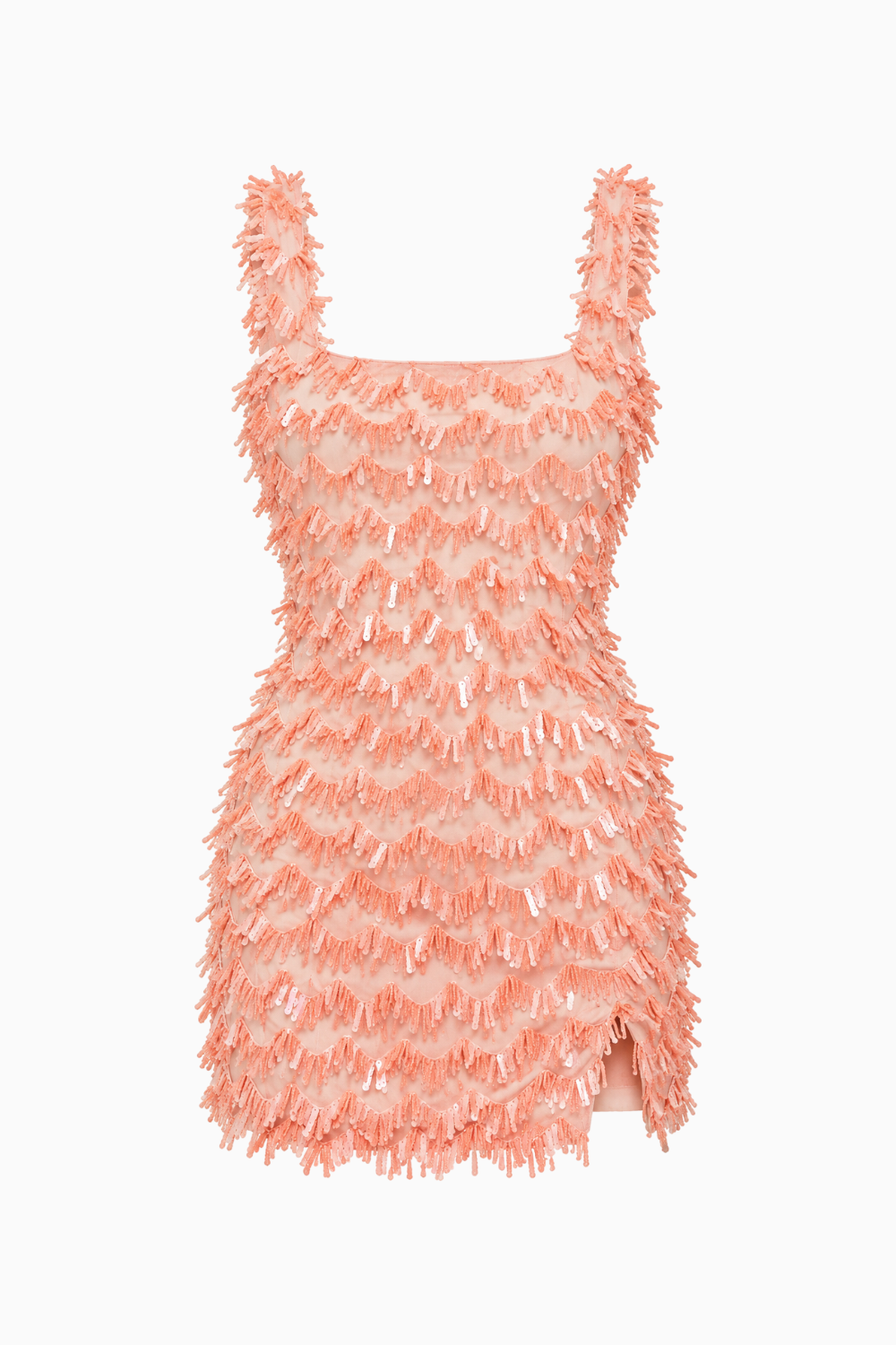 Peach Fringe Sequin Square Neck Mini Dress