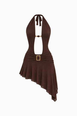 Brown Halter Plunge Asymmetrical Mini Dress