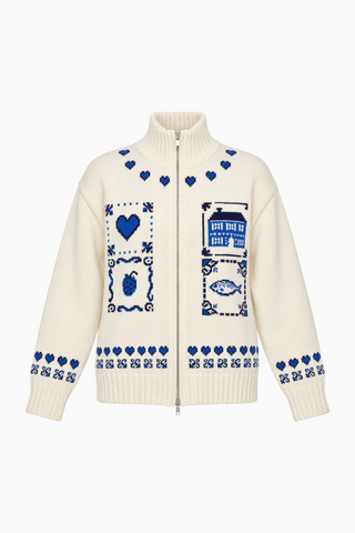 Ivory Heart Intarsia Zip-Up Cardigan