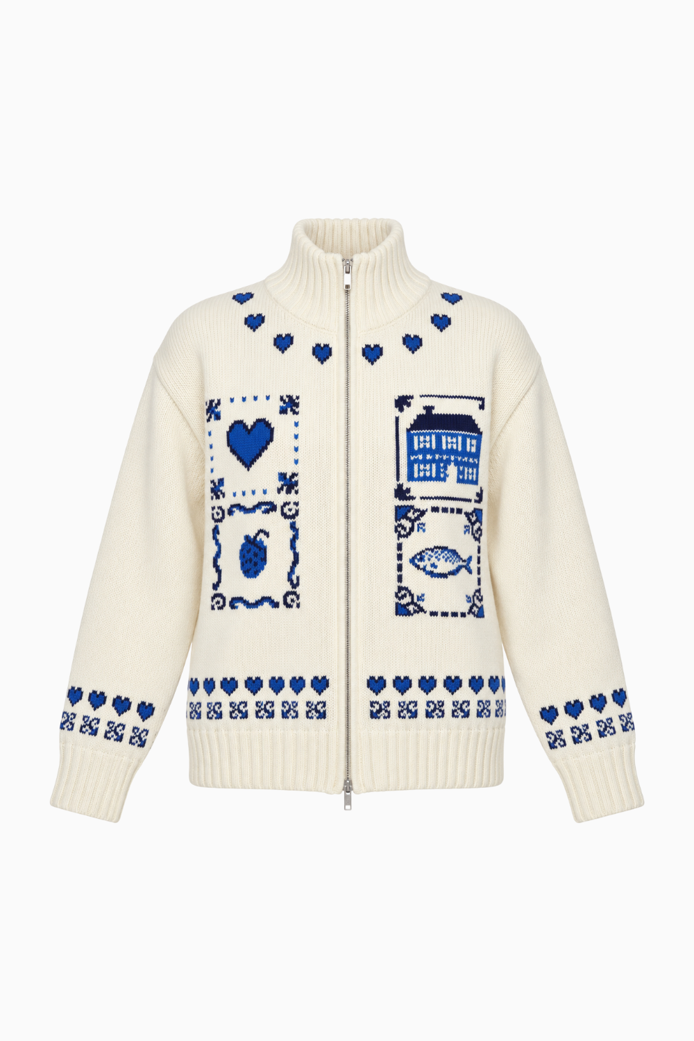 Ivory Heart Intarsia Zip-Up Cardigan