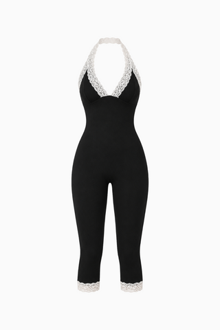 Black Lace-Trim Halter Capri Jumpsuit