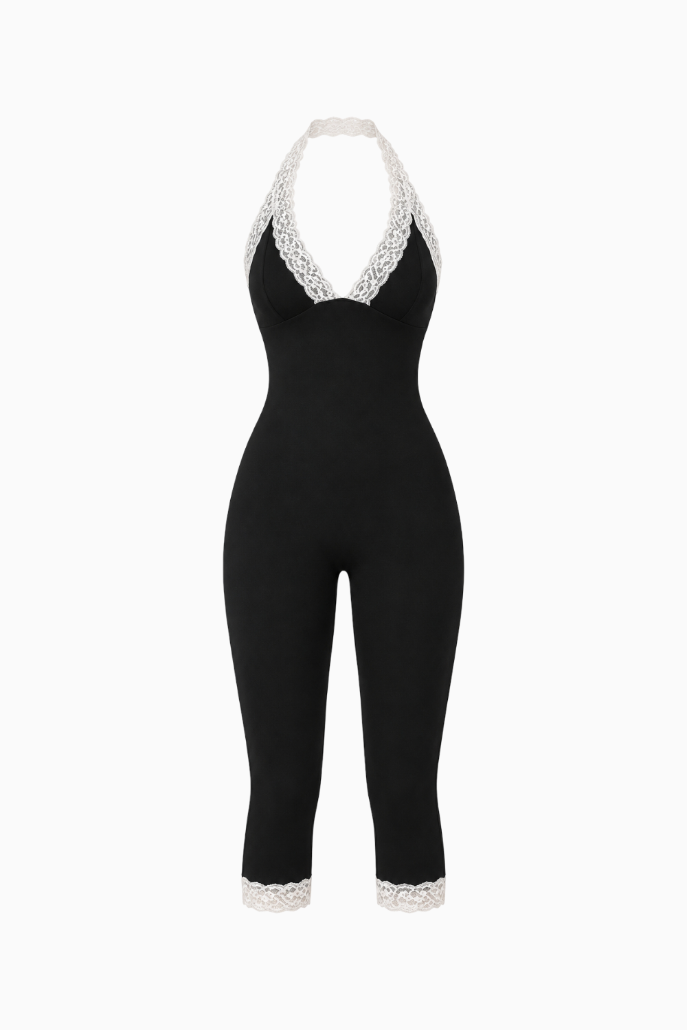 Black Lace-Trim Halter Capri Jumpsuit