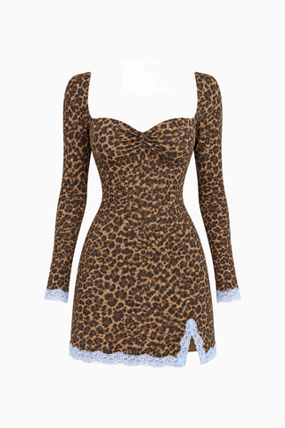 Leopard Lace-Trim Long Sleeve Mini Dress