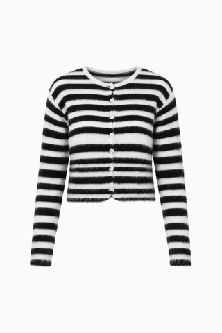 Fuzzy Black and White Striped Cropped Cardigan