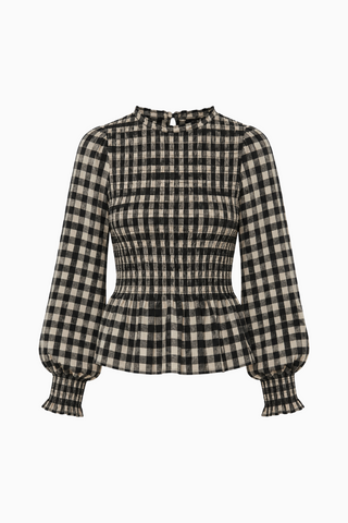 Blusa de cuello alto a cuadros con fruncidos