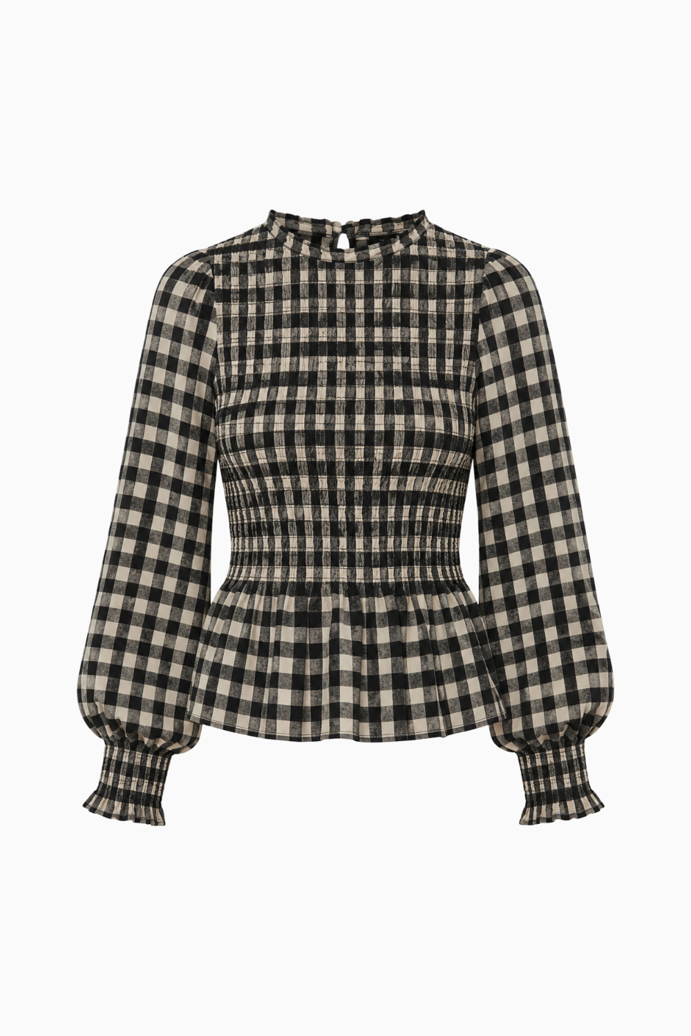 Blusa de cuello alto a cuadros con fruncidos