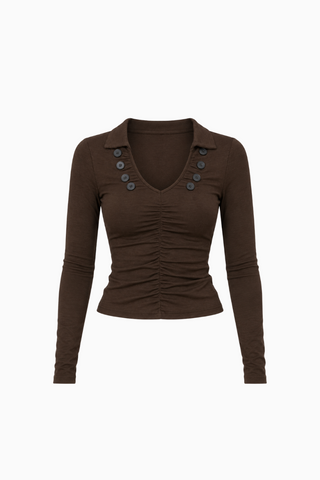 Brown Ruched Button-Accent V-Neck Long-Sleeve Top