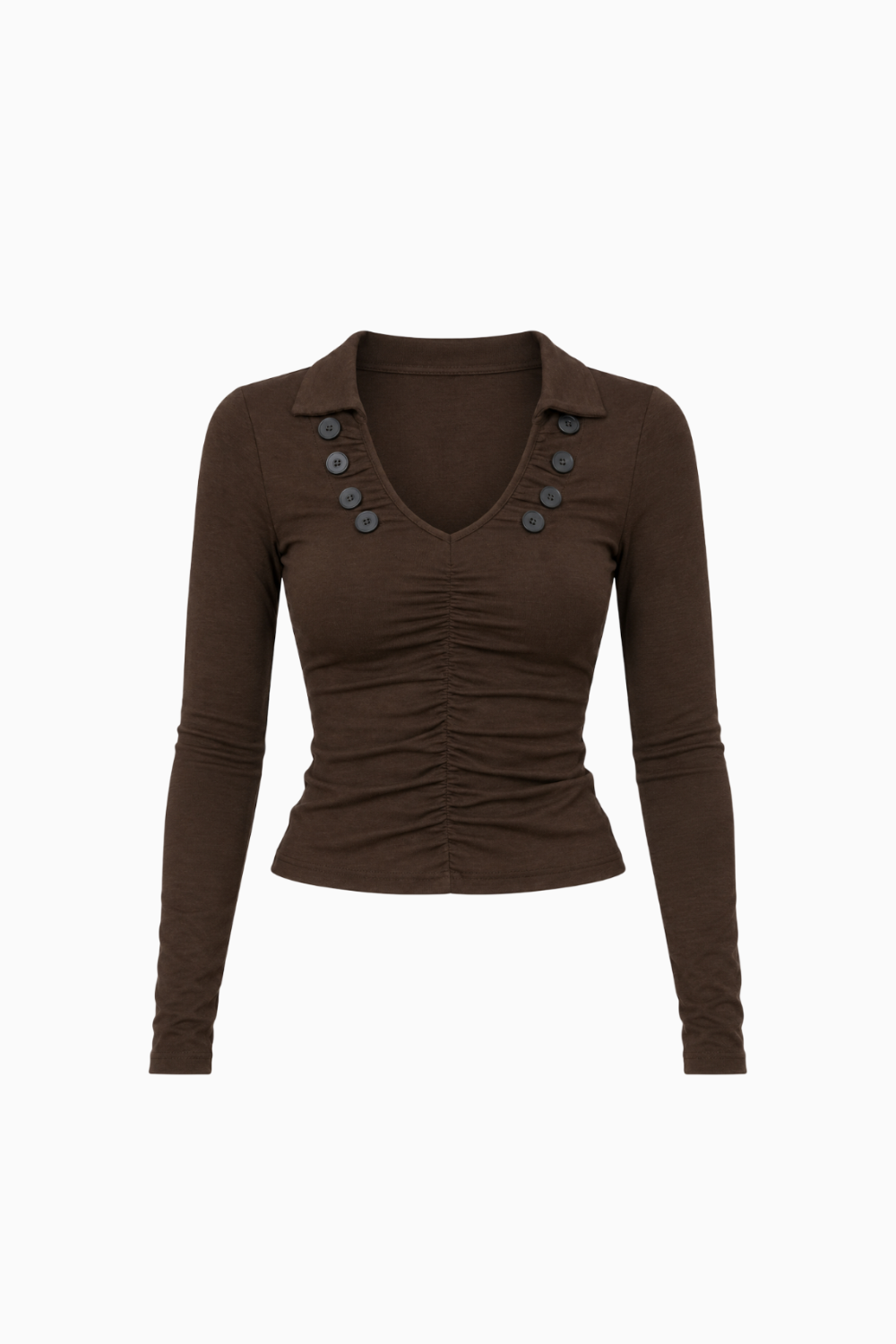 Brown Ruched Button-Accent V-Neck Long-Sleeve Top
