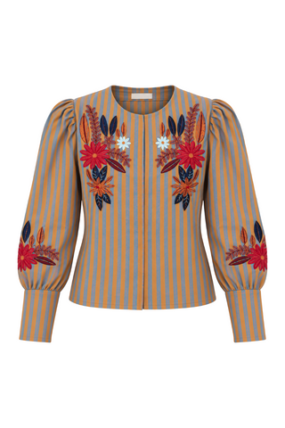 Chaqueta abierta con bordado floral y rayas
