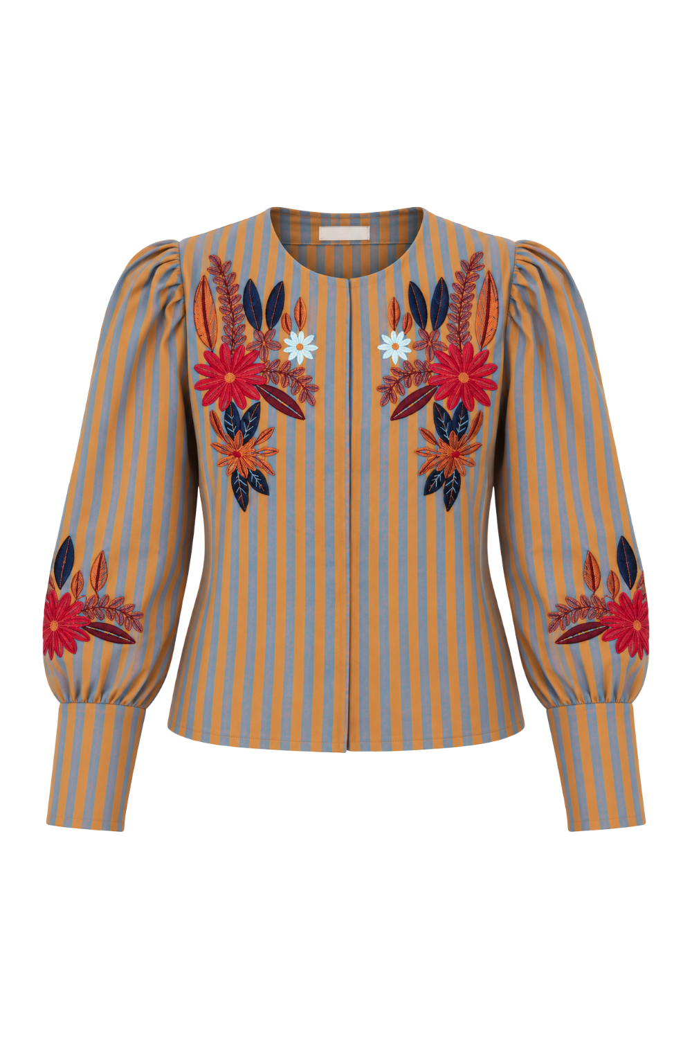 Striped Floral Embroidered Open-Front Jacket
