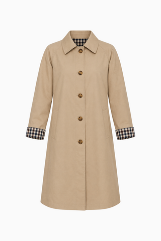 Classic Beige Single-Breasted Coat with Plaid Cuffs