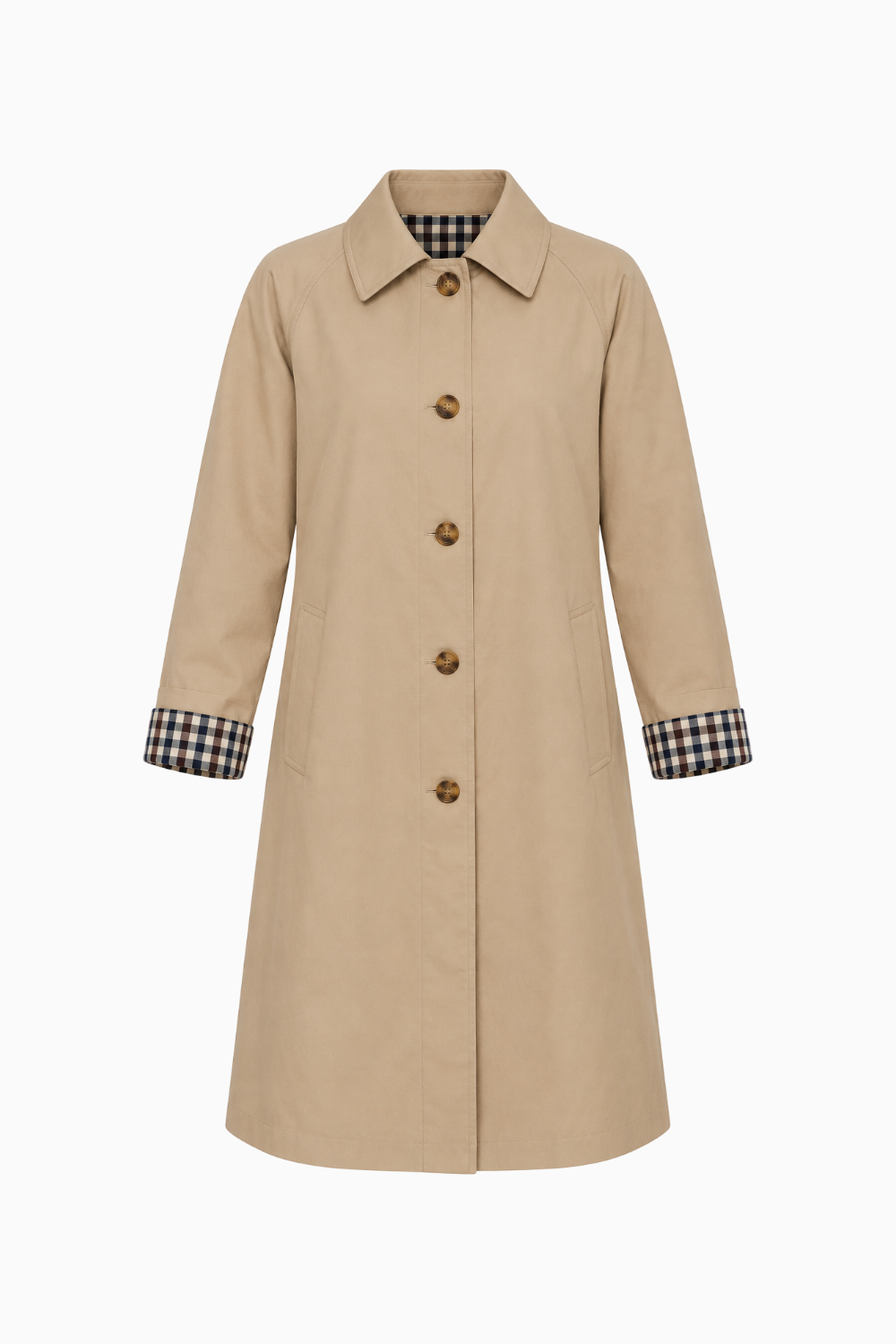 Classic Beige Single-Breasted Coat with Plaid Cuffs