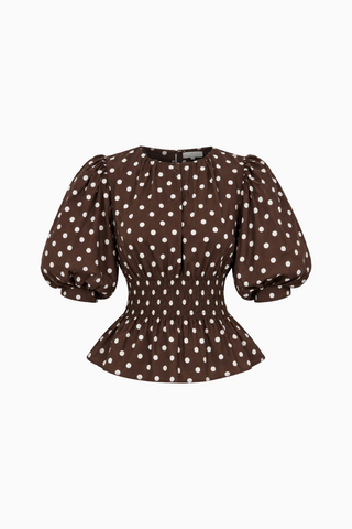 Brown Polka Dot Puff-Sleeve Peplum Top