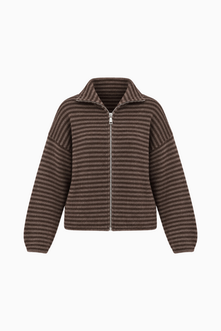 Brown Striped Zip Funnel Cardigan