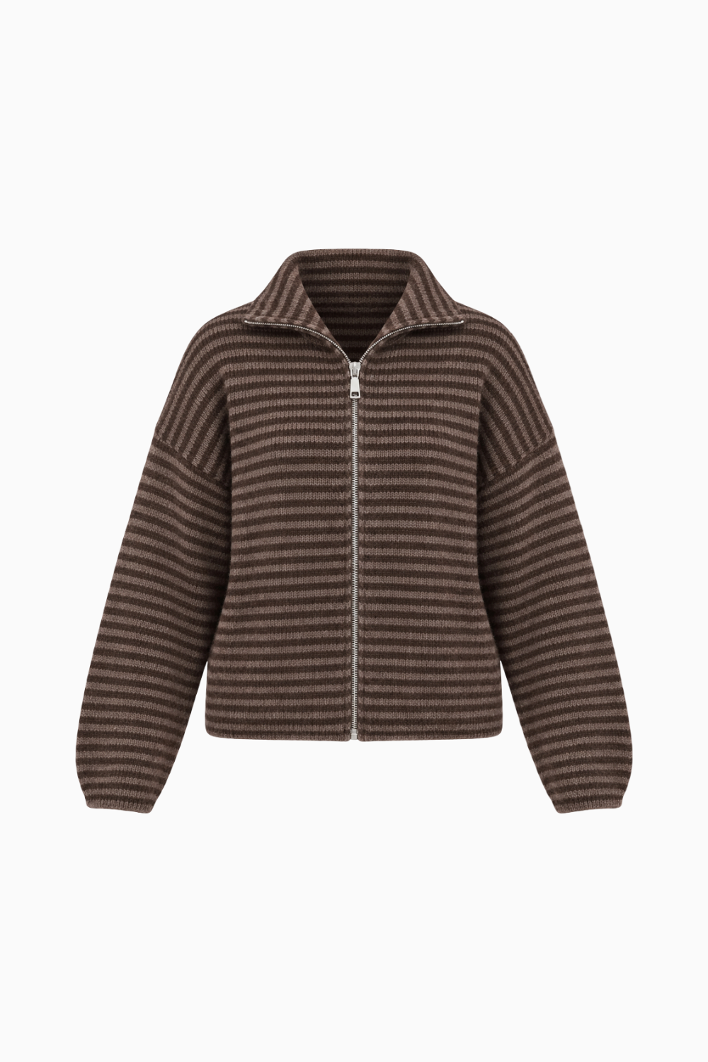 Brown Striped Zip Funnel Cardigan
