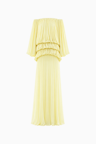 Pale Yellow Pleated Off-the-Shoulder Maxi Dress