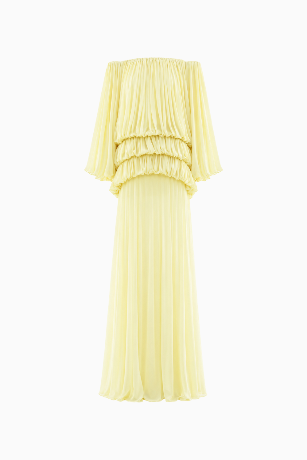 Pale Yellow Pleated Off-the-Shoulder Maxi Dress